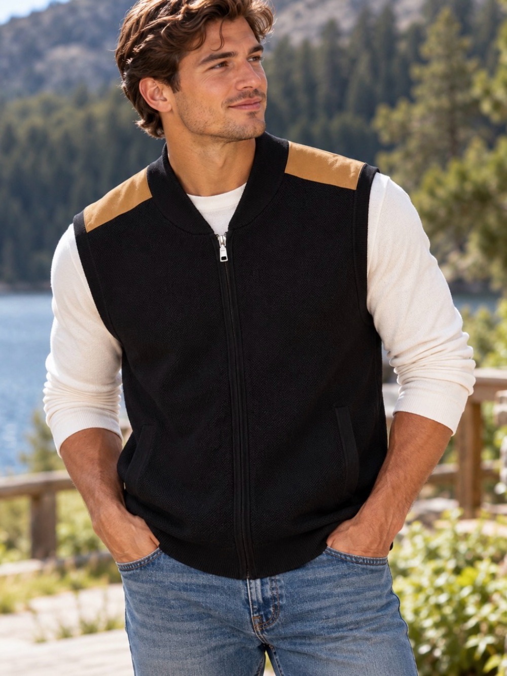Roundtree & Yorke Men’s Black Full Zip Vest with Tan Shoulder Accents. Size L